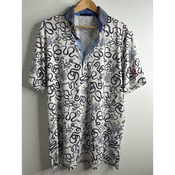Greyson Polo Shirt Mens L White Navy Purple Snake Print Golf Performance Stretch - Picture 1 of 9